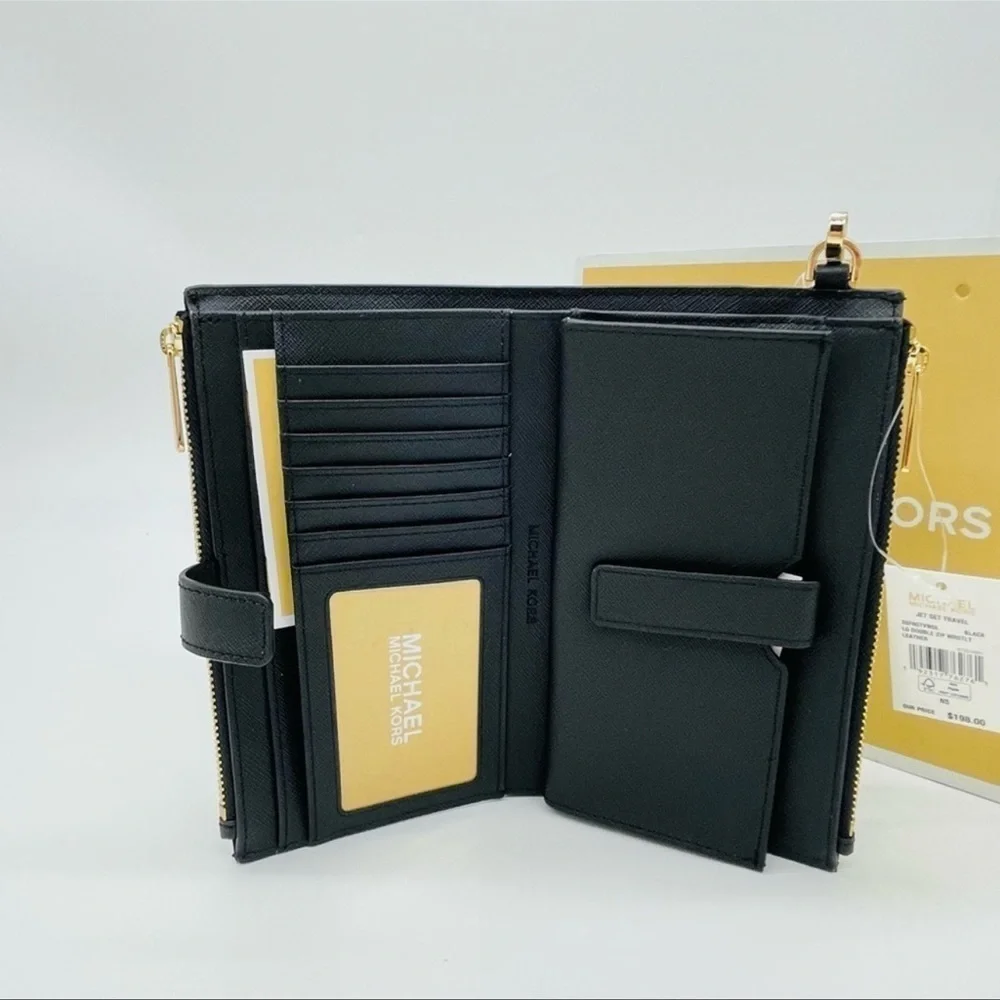 Michael Kors Large Double Zip Wallet Wristlet Black Leather
